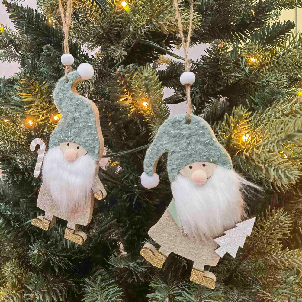 8PK Urban Santa with Cane Tree Hanging Decorations 15cm Green Assorted