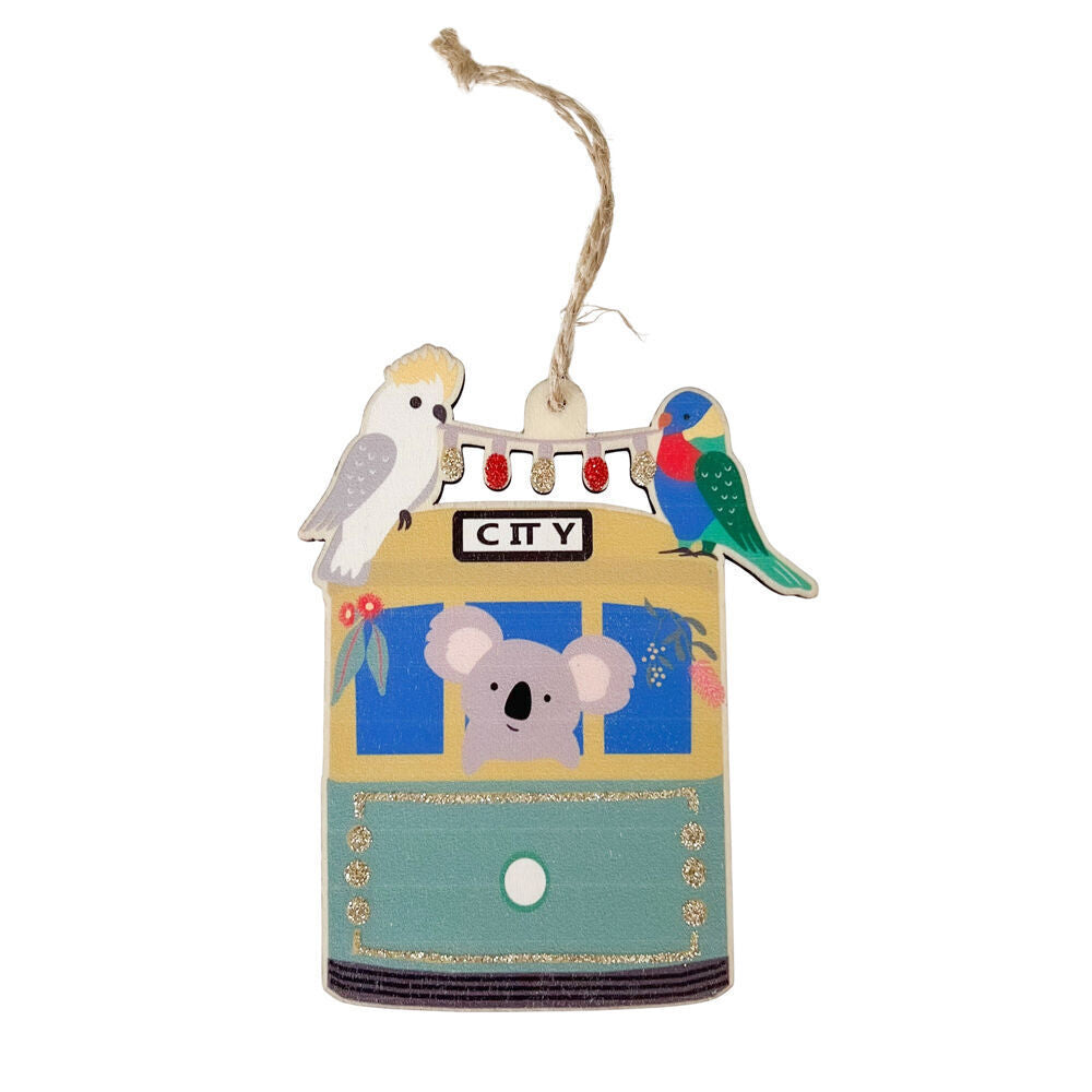 8PK Urban Wooden Oz Animals with Tram Hanging Christmas Decoration 11cm Green