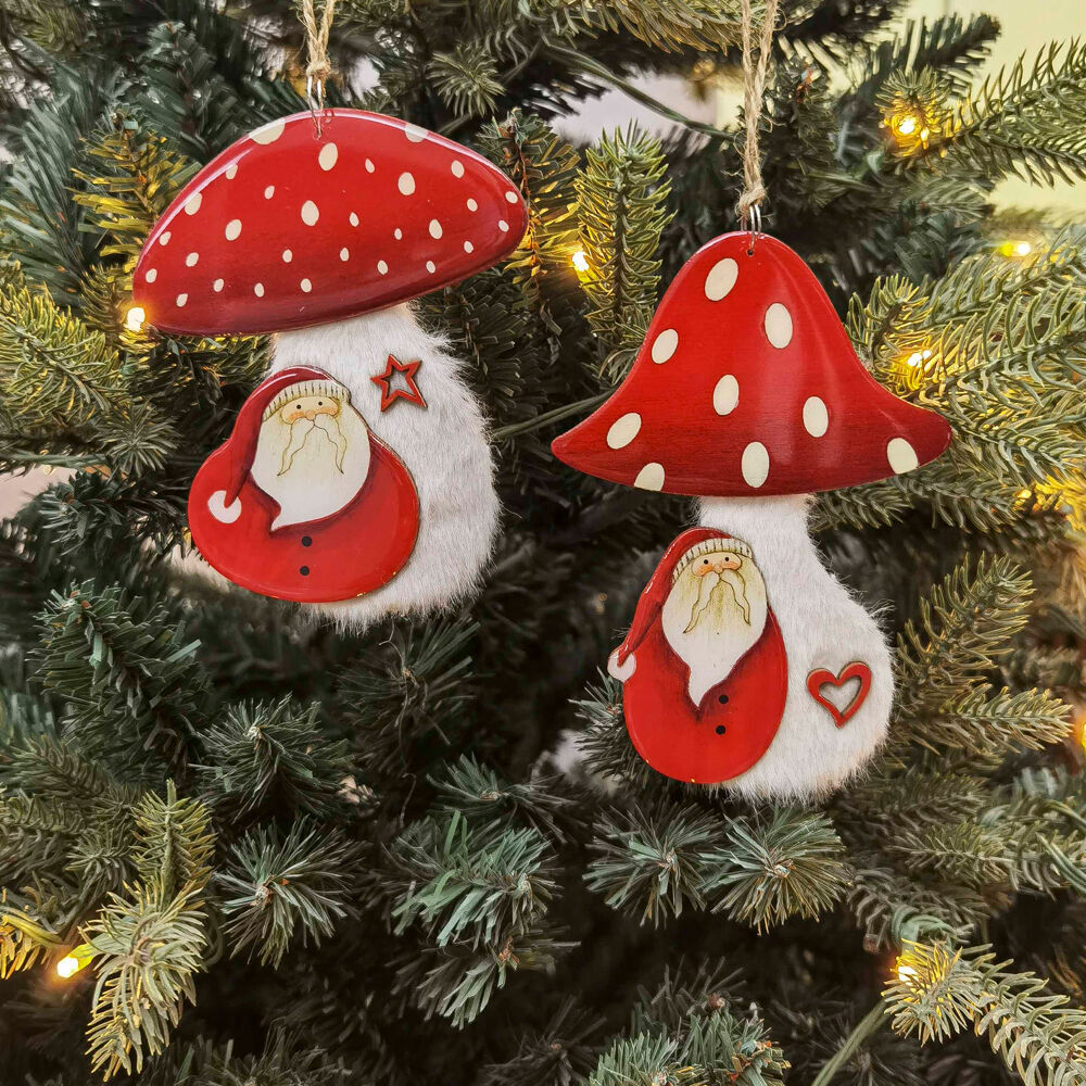 4PK Urban Toadstool with Santa Hanging Christmas Decor 12cm Red/White Assorted