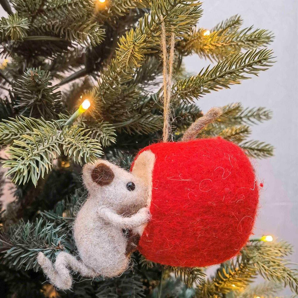 Urban Mouse Eating Apple Hanging Christmas Decoration 11cm Red/Brown