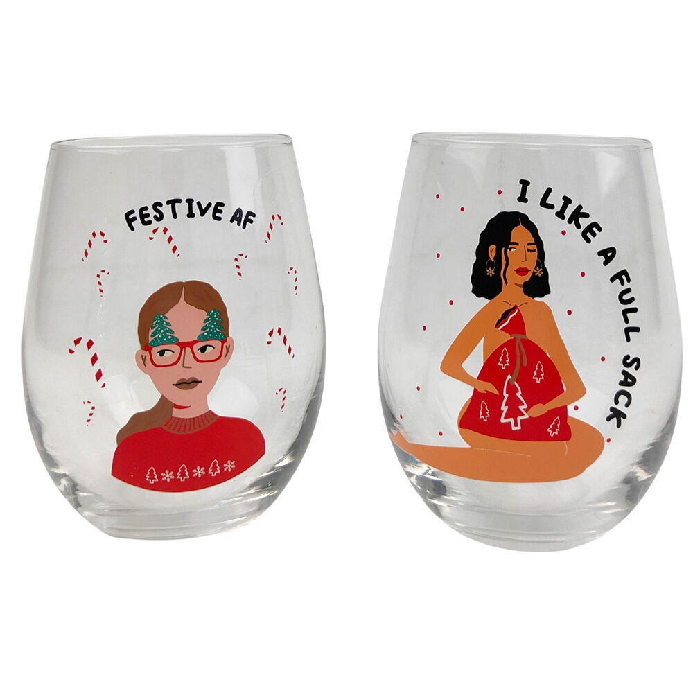 2x 2pc Urban I Like it Festive AF Christmas Stemless Wine Glass Set 12cm Red