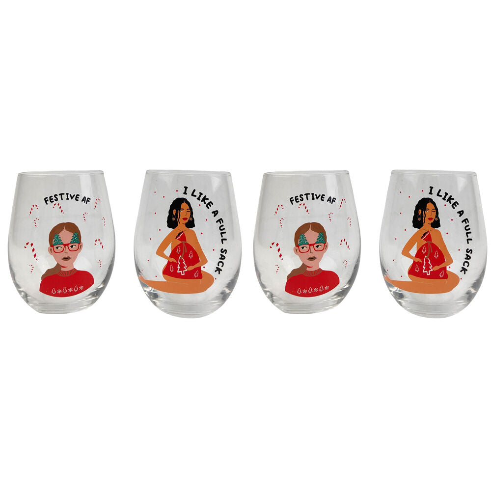 2x 2pc Urban I Like it Festive AF Christmas Stemless Wine Glass Set 12cm Red