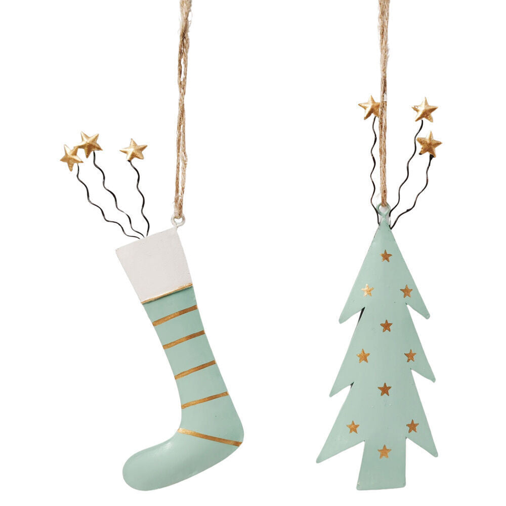6PK Urban Metal Tree/Stocking Hanging Decoration 18cm Sage Assorted