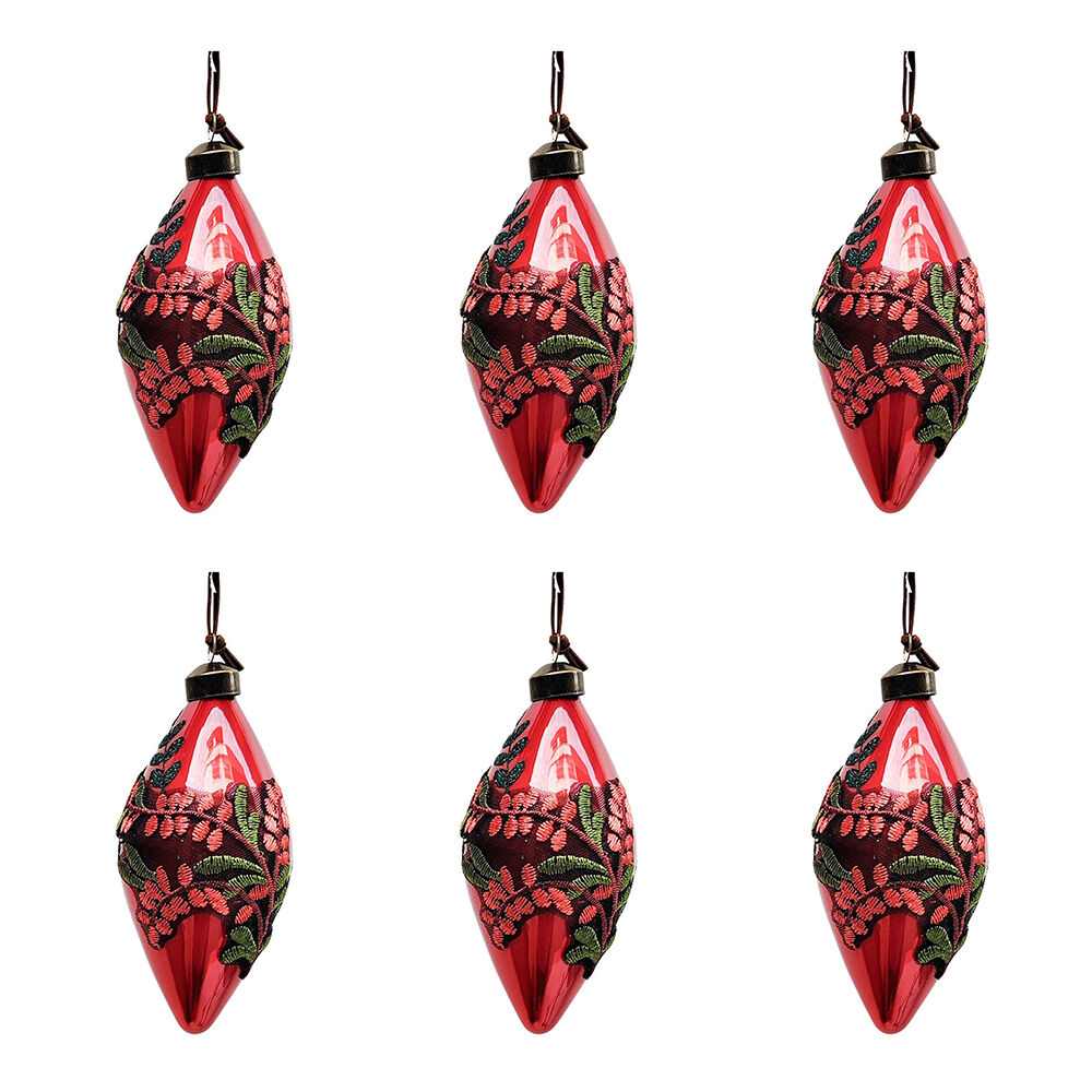 6PK Urban Foliage Applique Hanging Christmas Decoration 8cm Red Assorted