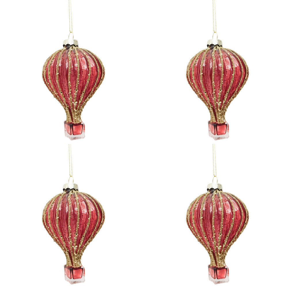 4PK Urban Hot Air Balloon Glass Bauble Hanging Christmas Decoration 9cm Red