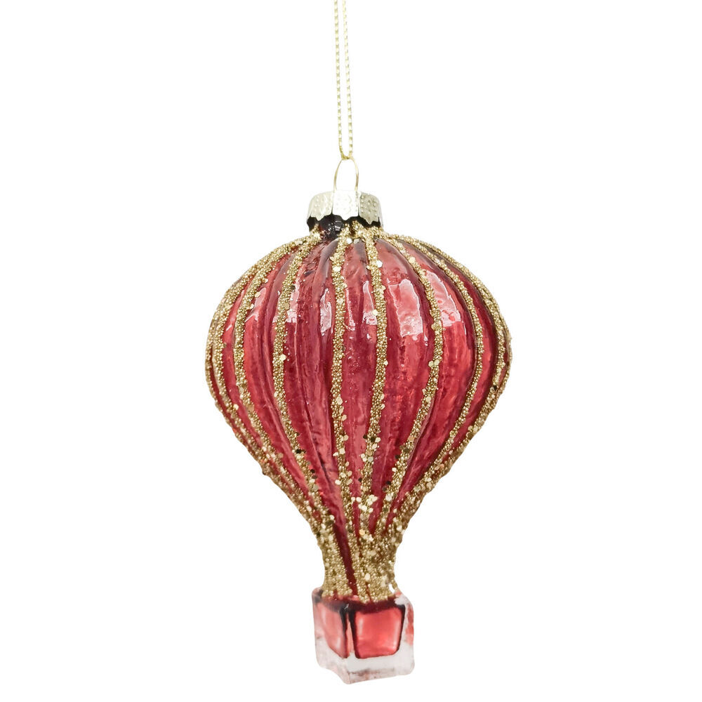 4PK Urban Hot Air Balloon Glass Bauble Hanging Christmas Decoration 9cm Red