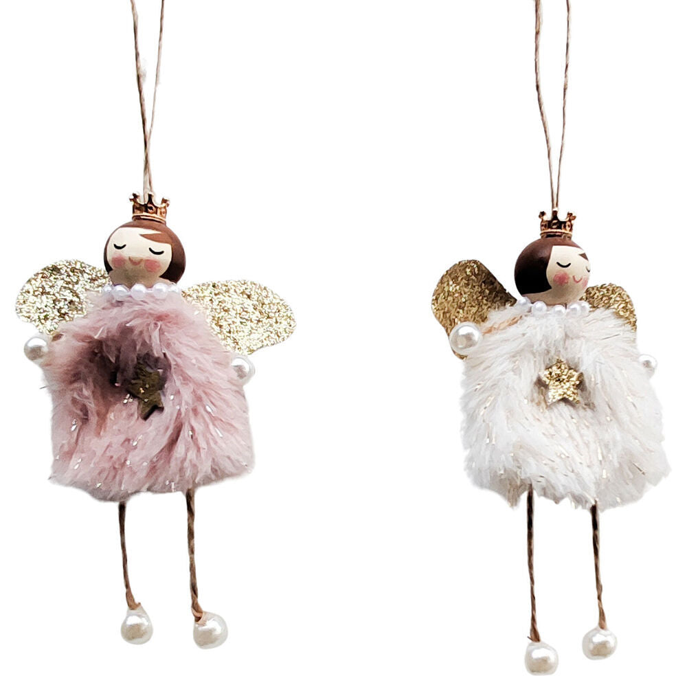 8PK Urban Fluffy Glitter Angels Hanging Decoration 12cm White/Pink Assorted