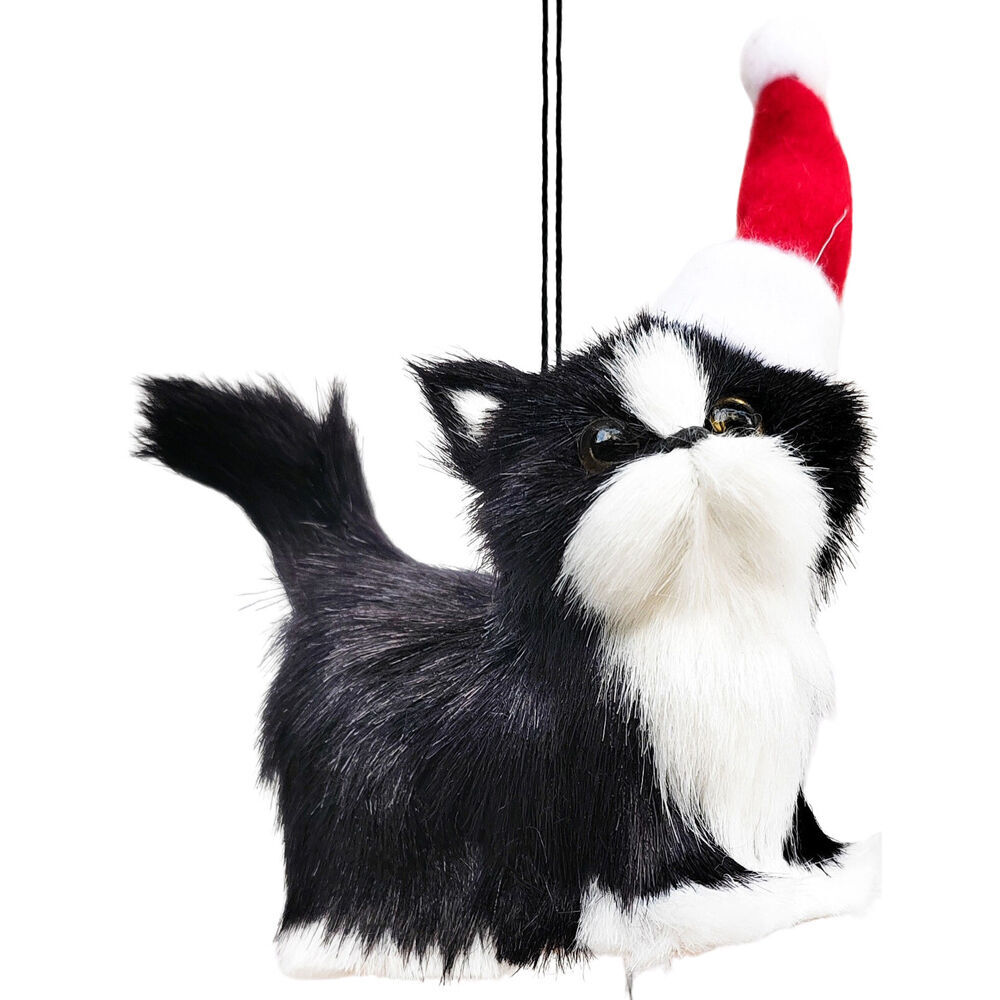 3PK Urban Cat with Christmas Hat Hanging Tree Decoration 9cm Black
