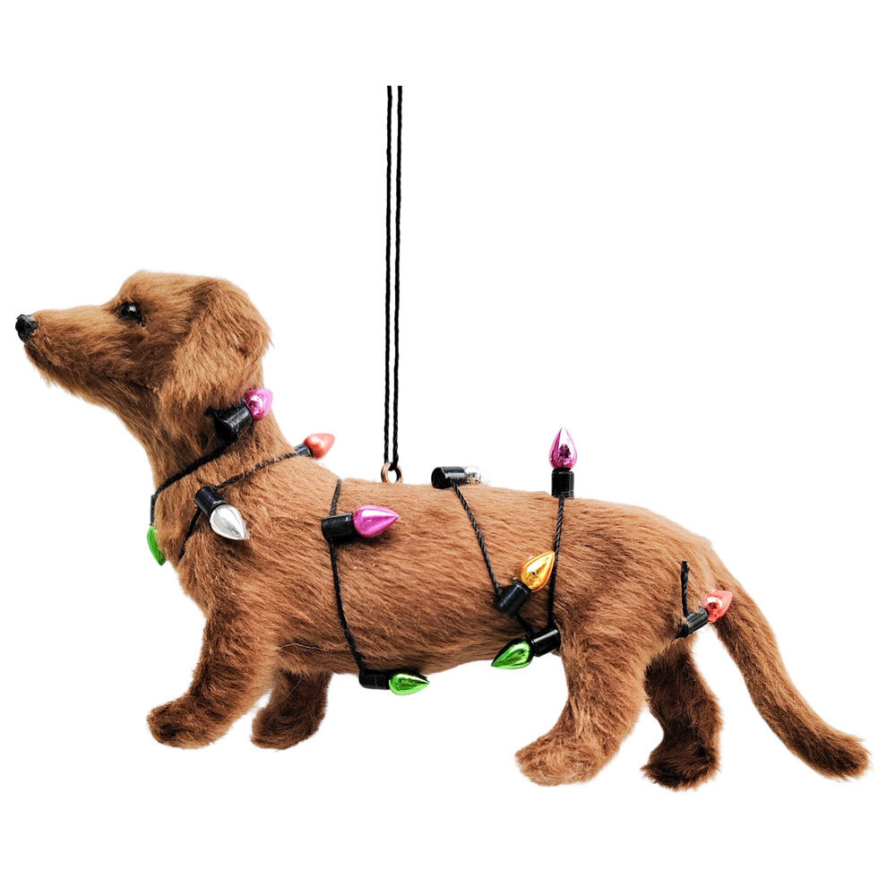 2PK Urban Sausage Dog With Lights Hanging Christmas Decoration 14cm Brown