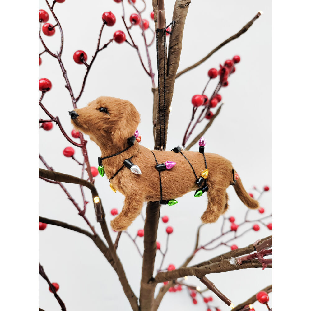 2PK Urban Sausage Dog With Lights Hanging Christmas Decoration 14cm Brown