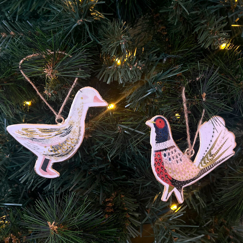 4PK Urban Duck Pheasant Metal Hanging Christmas Decor 10cm Pink/Green Assorted
