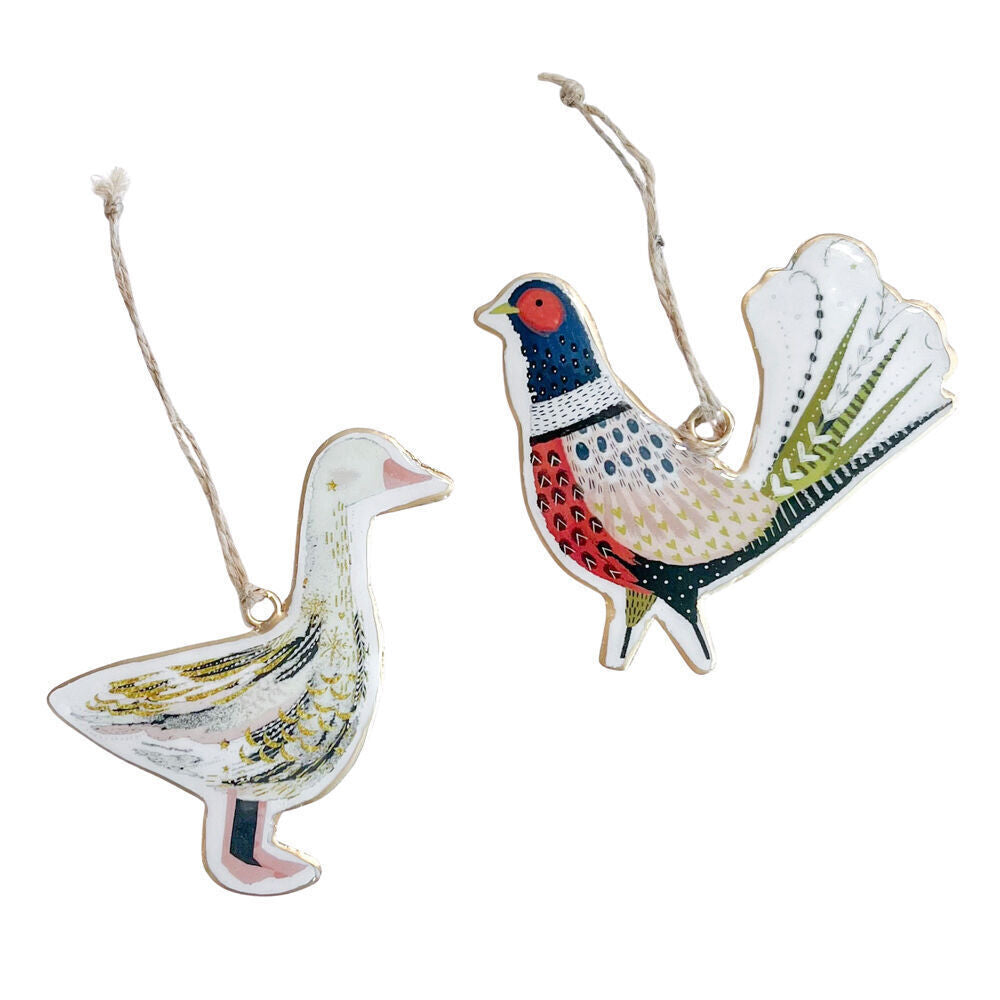 4PK Urban Duck Pheasant Metal Hanging Christmas Decor 10cm Pink/Green Assorted