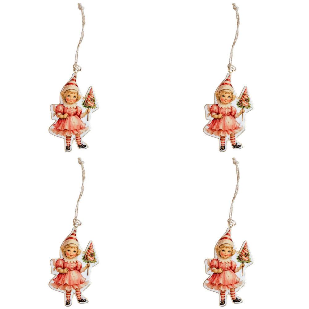 4PK Urban Yesteryear Girls Metal Hanging Christmas Decoration 11cm Pink Assorted