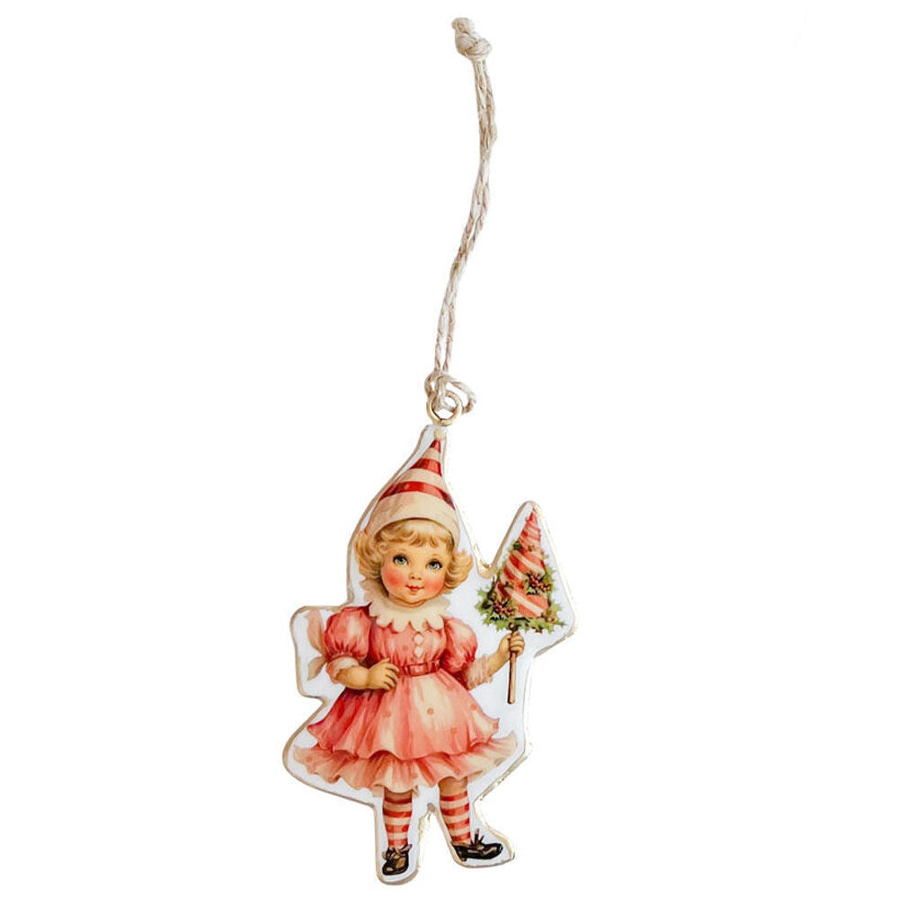 4PK Urban Yesteryear Girls Metal Hanging Christmas Decoration 11cm Pink Assorted