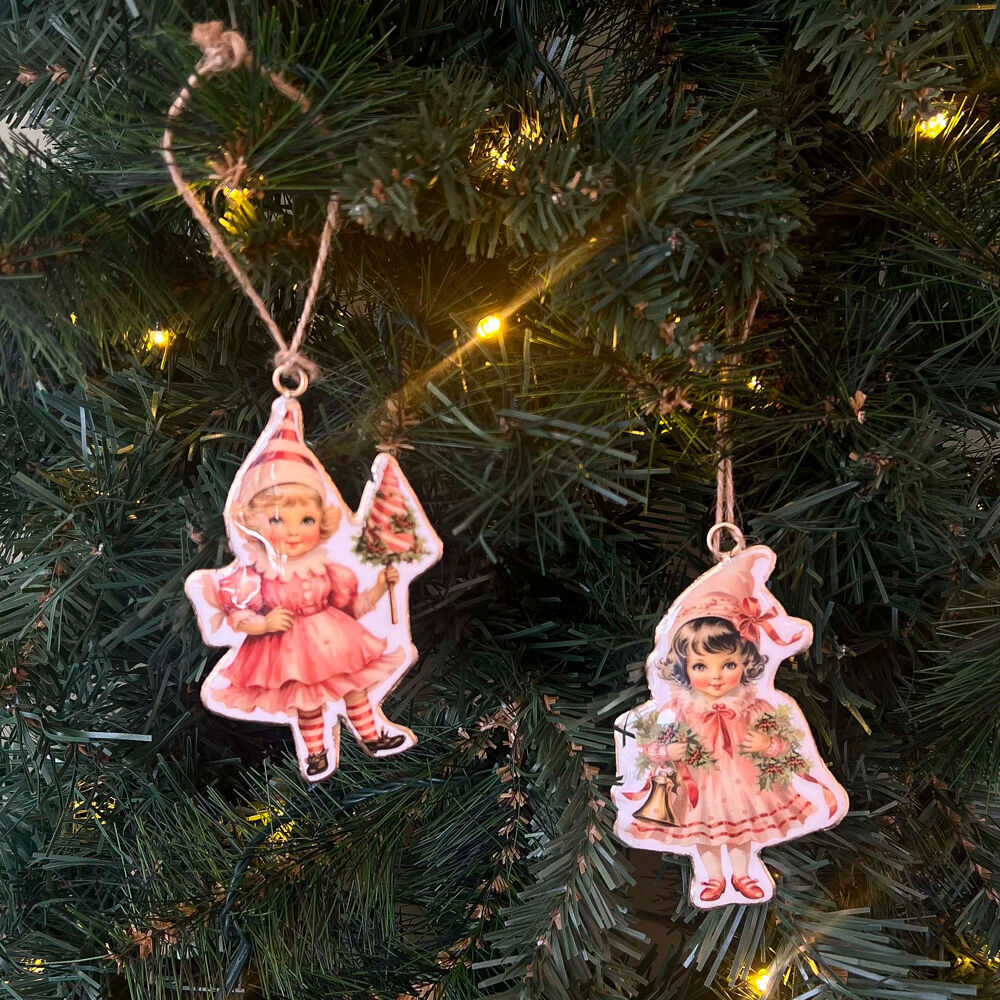 4PK Urban Yesteryear Girls Metal Hanging Christmas Decoration 11cm Pink Assorted