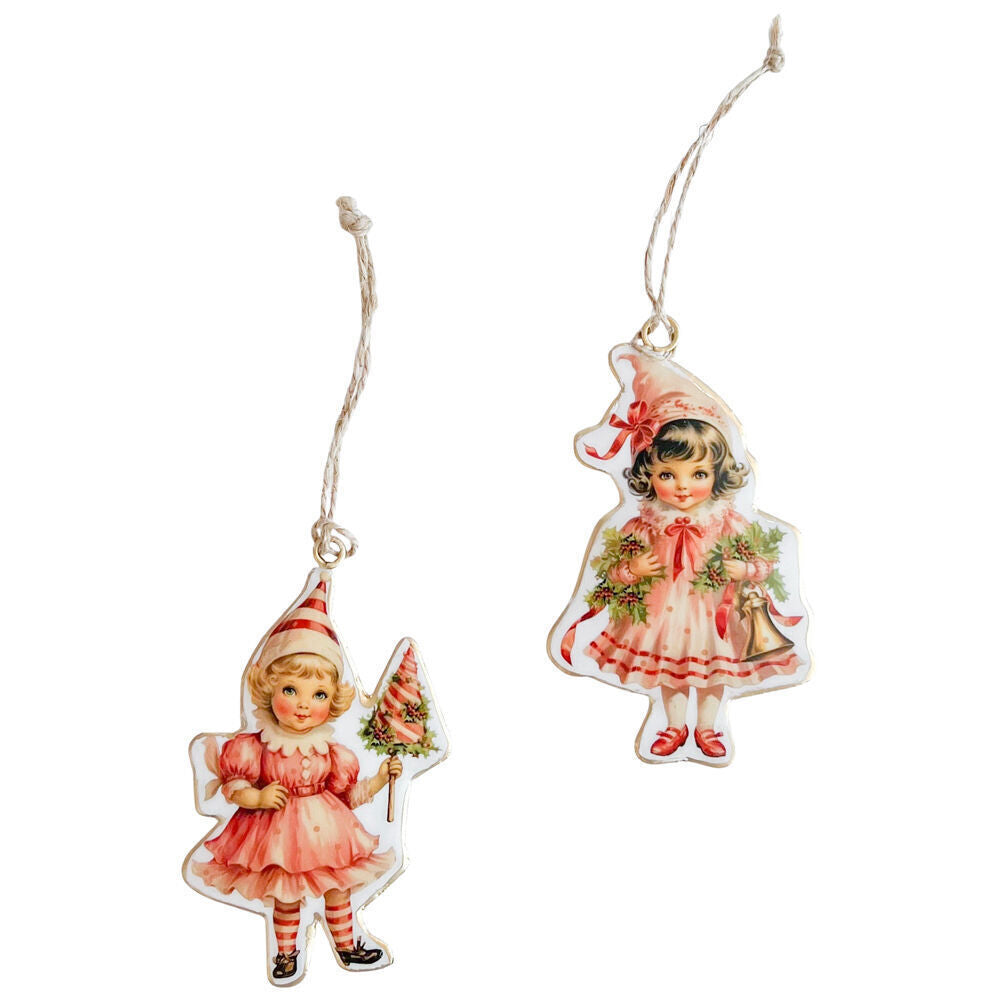 4PK Urban Yesteryear Girls Metal Hanging Christmas Decoration 11cm Pink Assorted