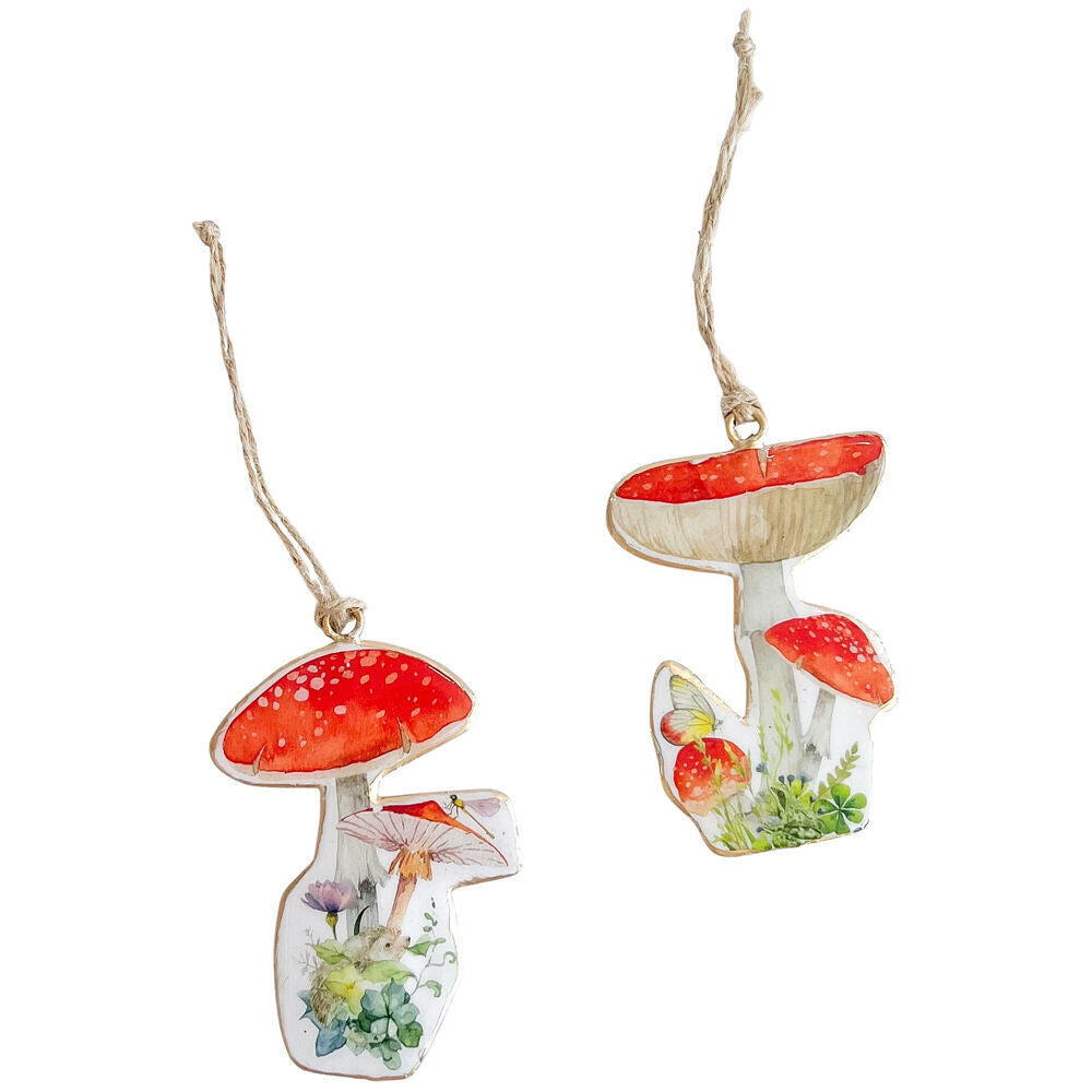 4PK Urban Toadstools Metal Hanging Christmas Decoration 9cm Red Assorted