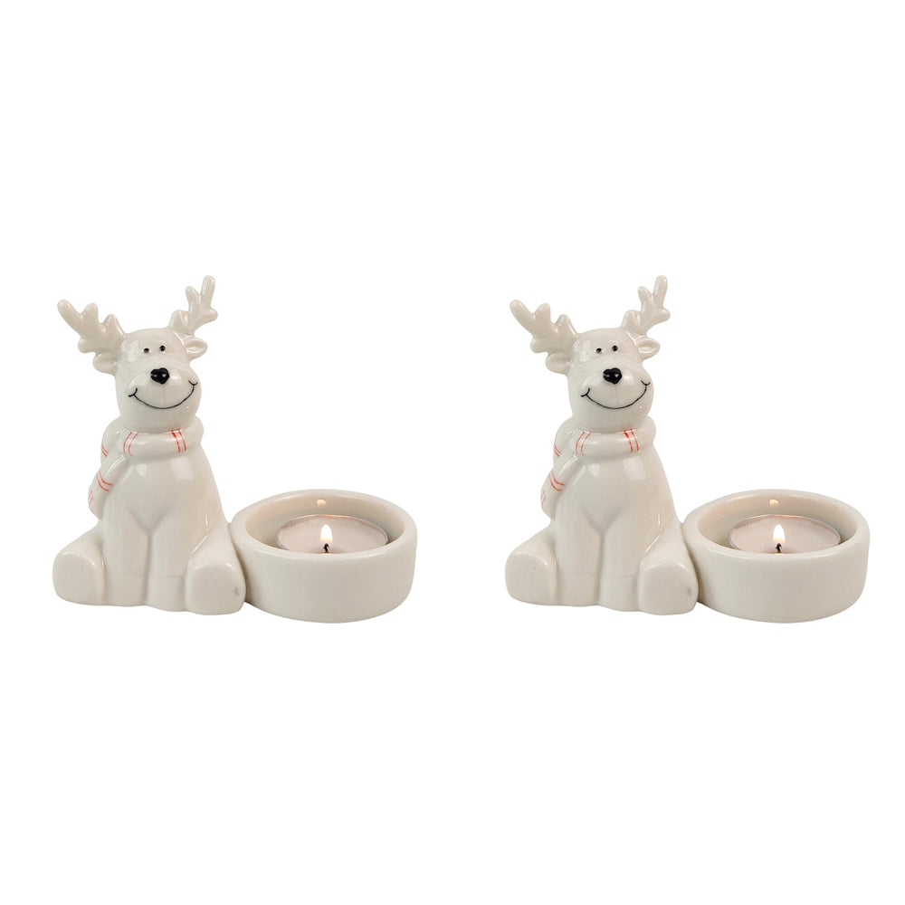 2x Urban Cute Reindeer 9cm Ceramic Tealight Holder Candle Home Decor - White