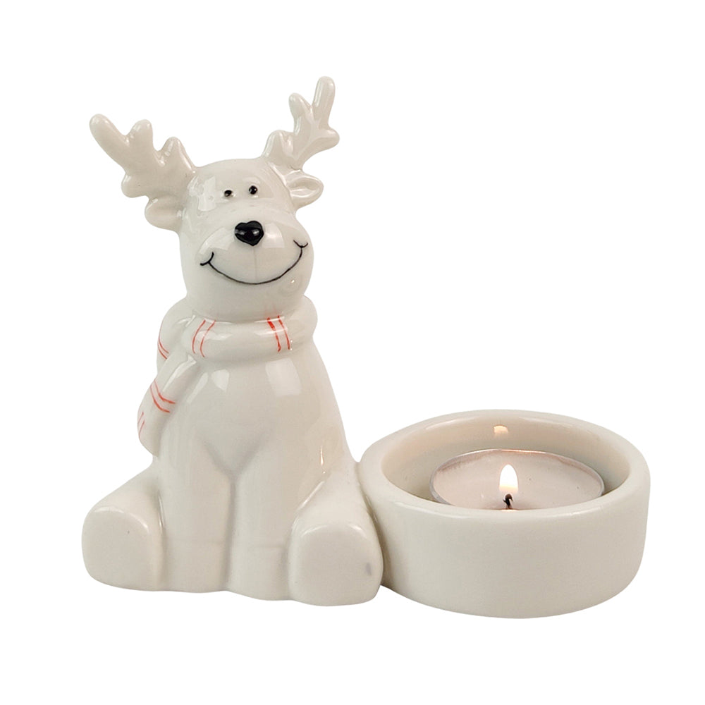 2x Urban Cute Reindeer 9cm Ceramic Tealight Holder Candle Home Decor - White