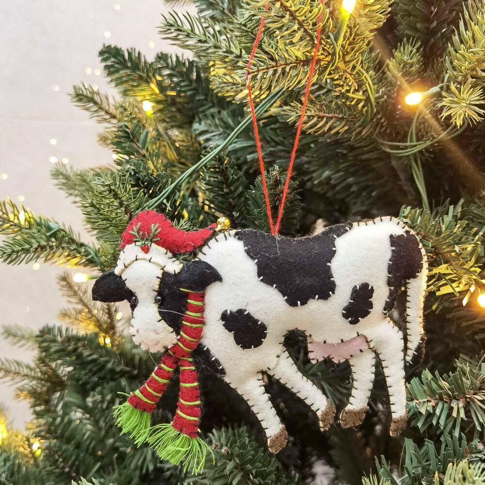 Urban Christmas Cow Fabric Hanging Decoration 15cm White/Black