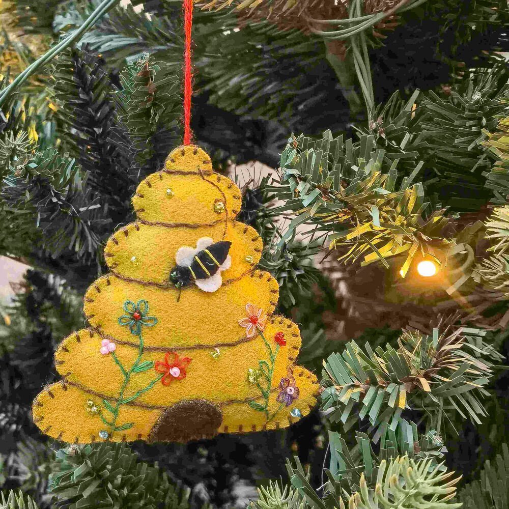 4PK Urban Beehive Fabric Hanging Christmas Decoration 9cm Yellow