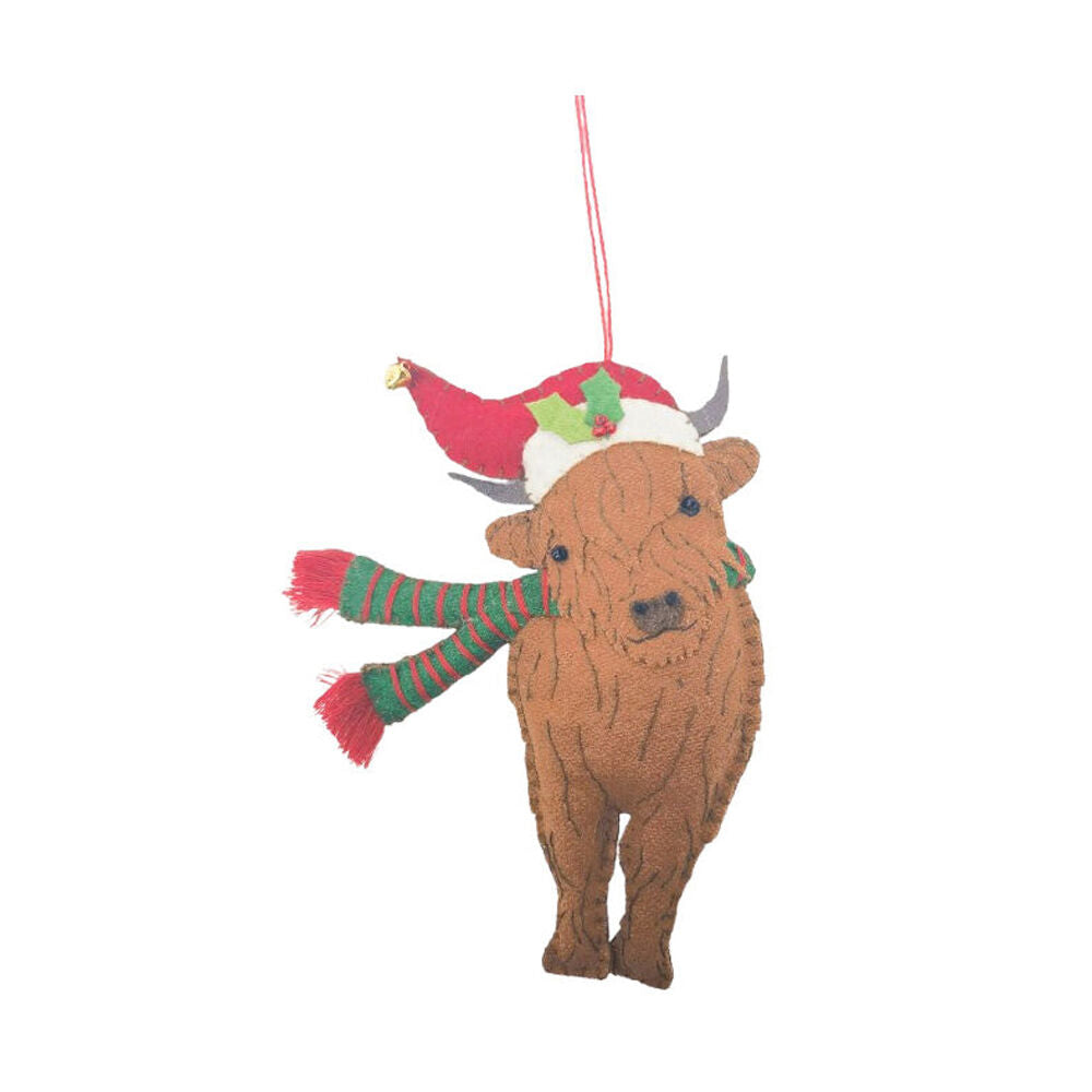 Urban Highland Cow Fabric Hanging Christmas Decoration 16cm Brown