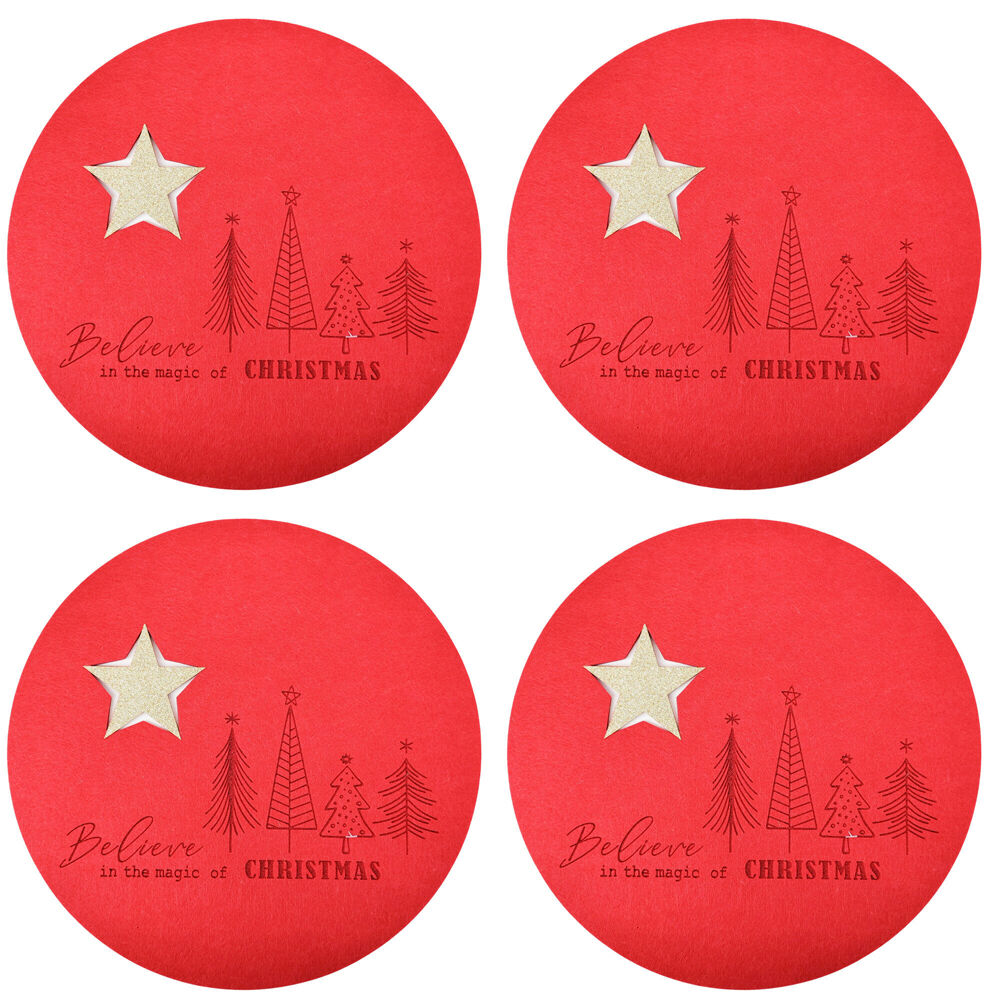4x 2pc Urban Felt Christmas Star Trees Table Place Mat Set 34cm Red