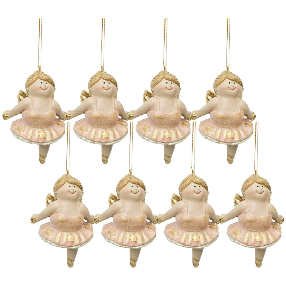 8PK Urban Ballet Angel Resin Hanging Christmas Decoration 8cm Gold Assorted