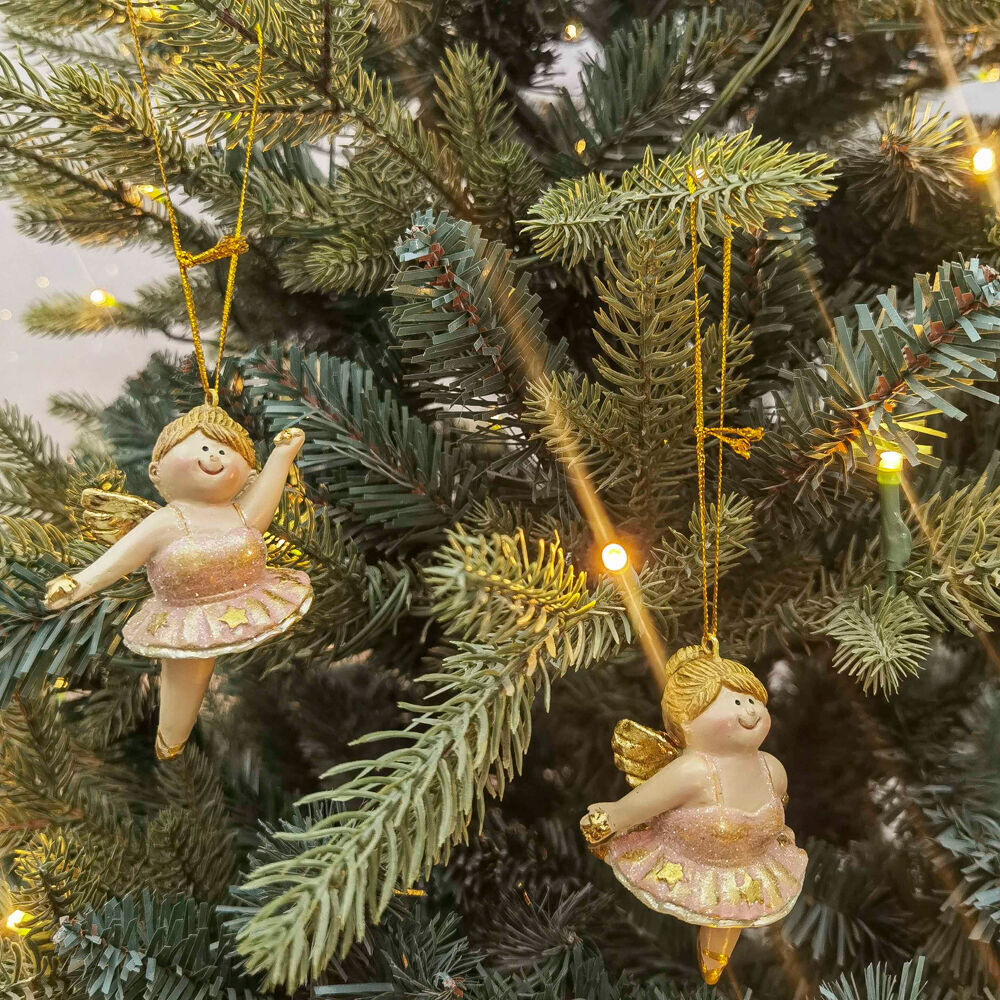 8PK Urban Ballet Angel Resin Hanging Christmas Decoration 8cm Gold Assorted