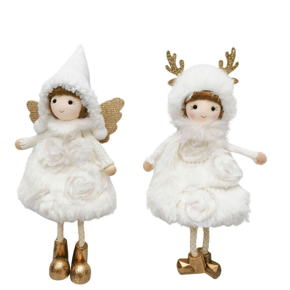 4PK Urban Rosie Girl Hanging Christmas Decoration 19cm White/Gold Assorted