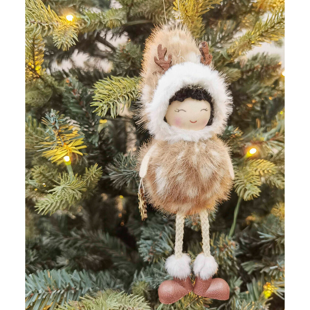 4PK Urban Fawn Girl Sitting Hanging Christmas Decoration 22cm Bisque/White