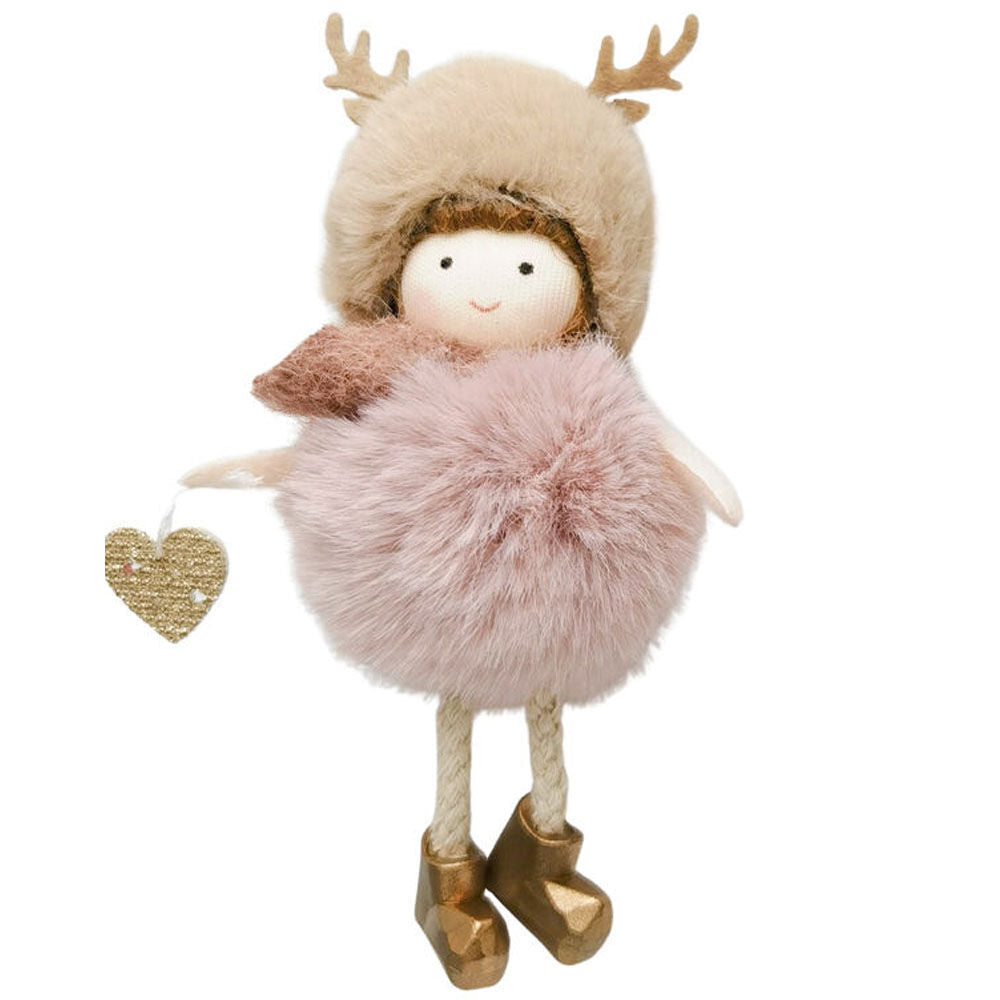 6PK Urban Fluffy Girls Hanging Christmas Decoration 14cm Bisque/Pink Assorted