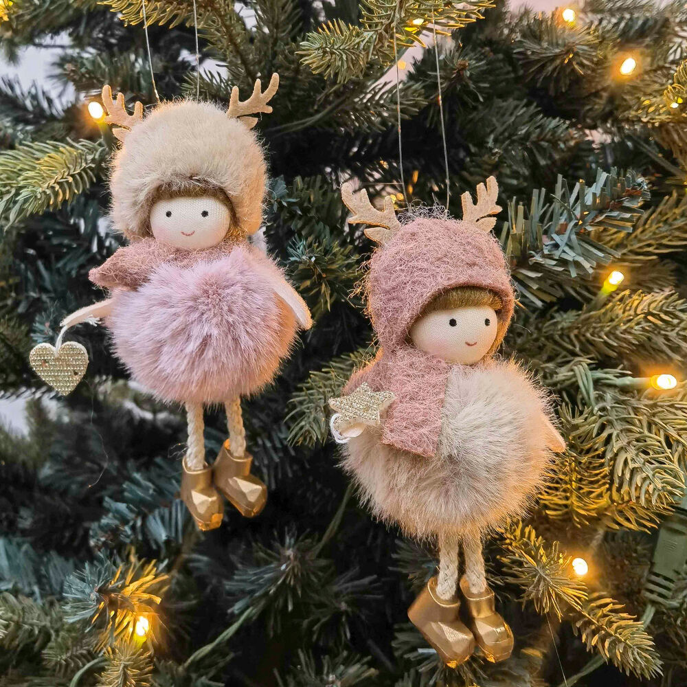 6PK Urban Fluffy Girls Hanging Christmas Decoration 14cm Bisque/Pink Assorted