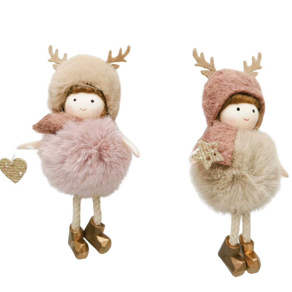 6PK Urban Fluffy Girls Hanging Christmas Decoration 14cm Bisque/Pink Assorted