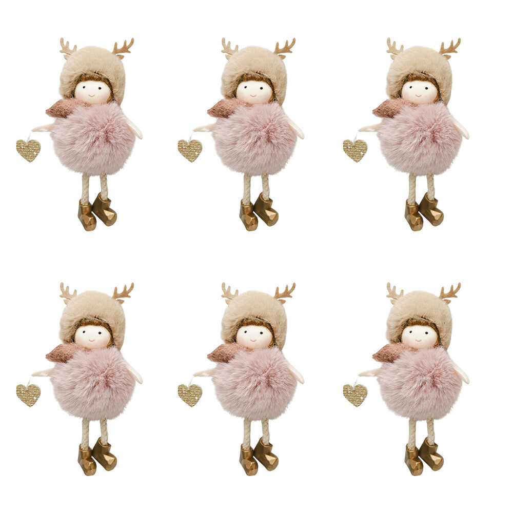 6PK Urban Fluffy Girls Hanging Christmas Decoration 14cm Bisque/Pink Assorted