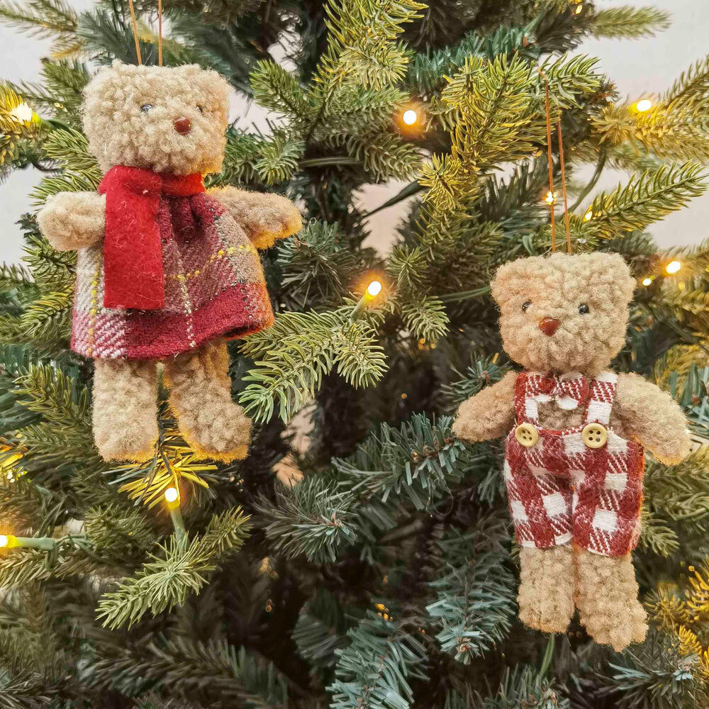 4PK Urban Teddy Hanging Christmas Decoration 14cm Red/Brown Assorted