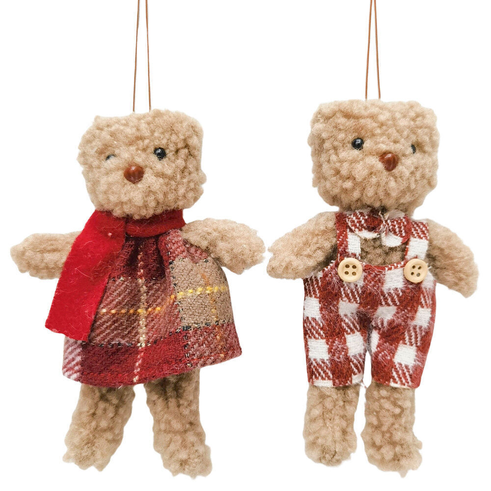 4PK Urban Teddy Hanging Christmas Decoration 14cm Red/Brown Assorted