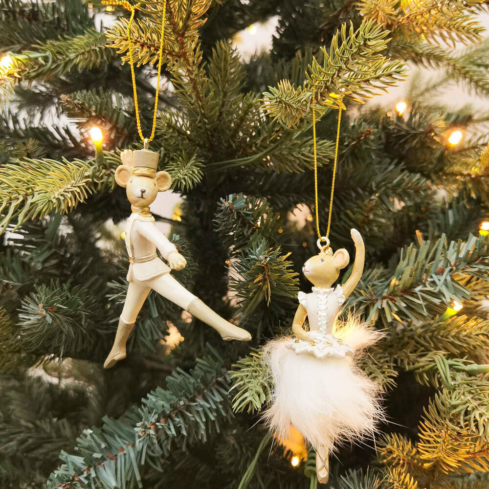 4PK Urban Nutcracker/Ballerina Mice Resin Hanging Decor 11cm Bisque Assorted