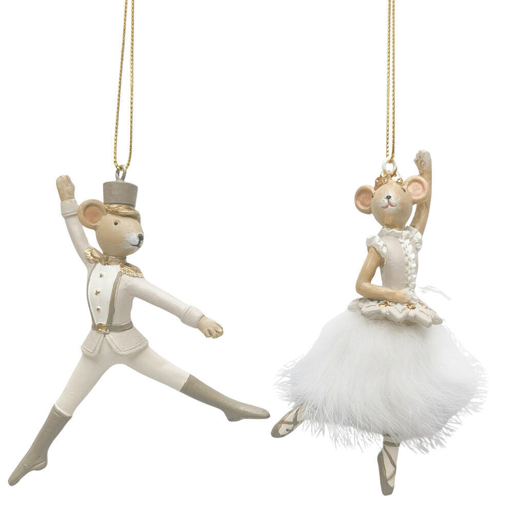 4PK Urban Nutcracker/Ballerina Mice Resin Hanging Decor 11cm Bisque Assorted