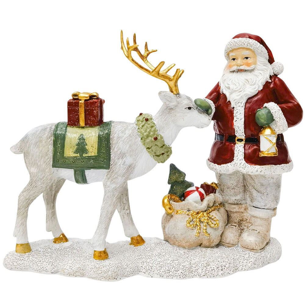 Urban Santa Reindeer Resin Standing Christmas Decoration 15cm Red/Natural