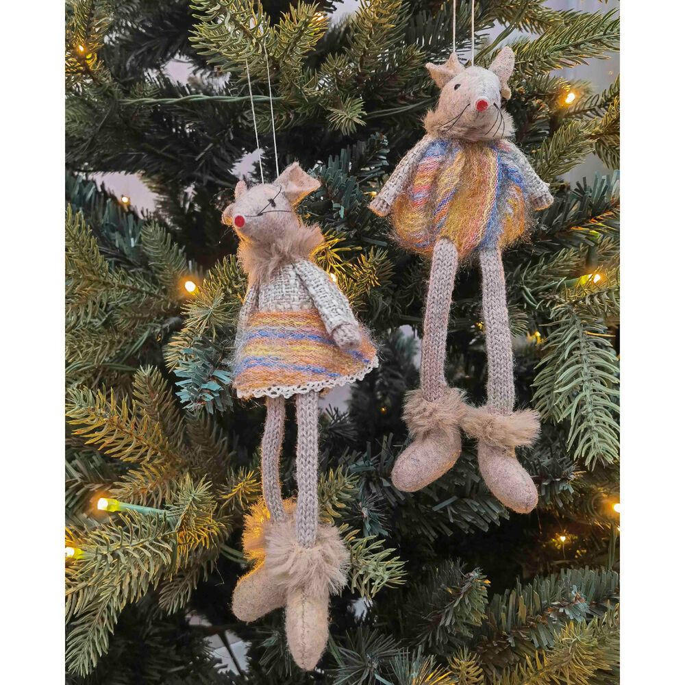 4PK Urban Pastel Mice Hanging Christmas Decoration 15cm Bisque Assorted