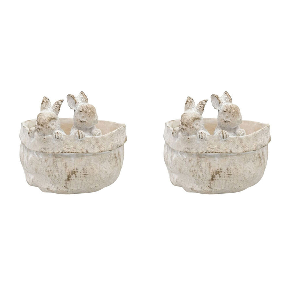 2PK Urban Ceramic Fable Bunnies Bowl Outdoor Garden Decor 18cm Bisque