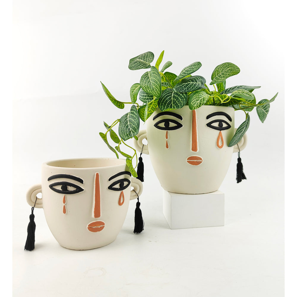 2x Urban Monarch Face 23cm Concrete Planter Pot Medium - White