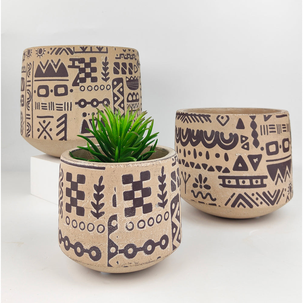 2x Urban Kaleem Tribal 19cm Concrete Planter Pot Large - Sand/Black