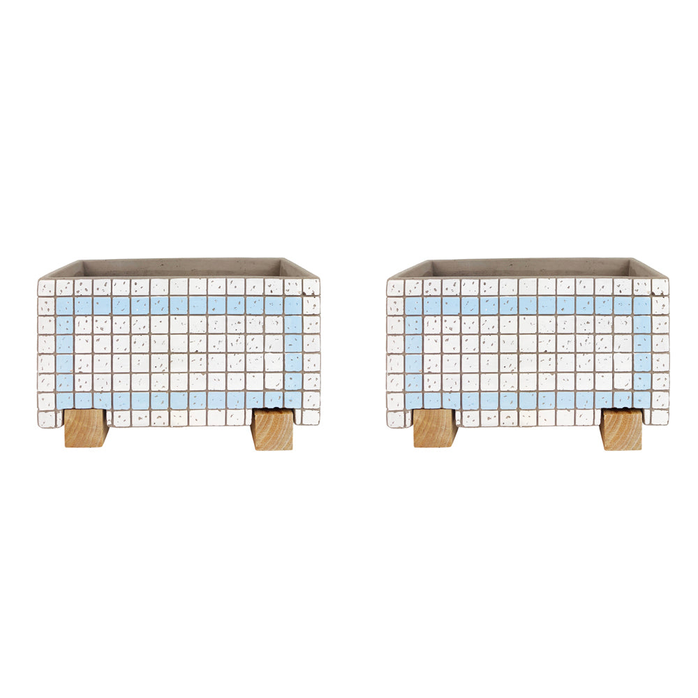 2x Urban Brix Rectangular 26cm Concrete Planter Pot - White/Blue
