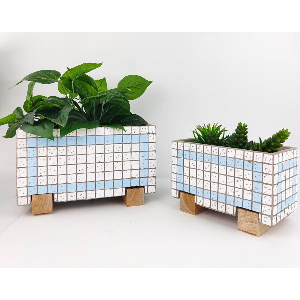 2x Urban Brix Rectangular 26cm Concrete Planter Pot - White/Blue
