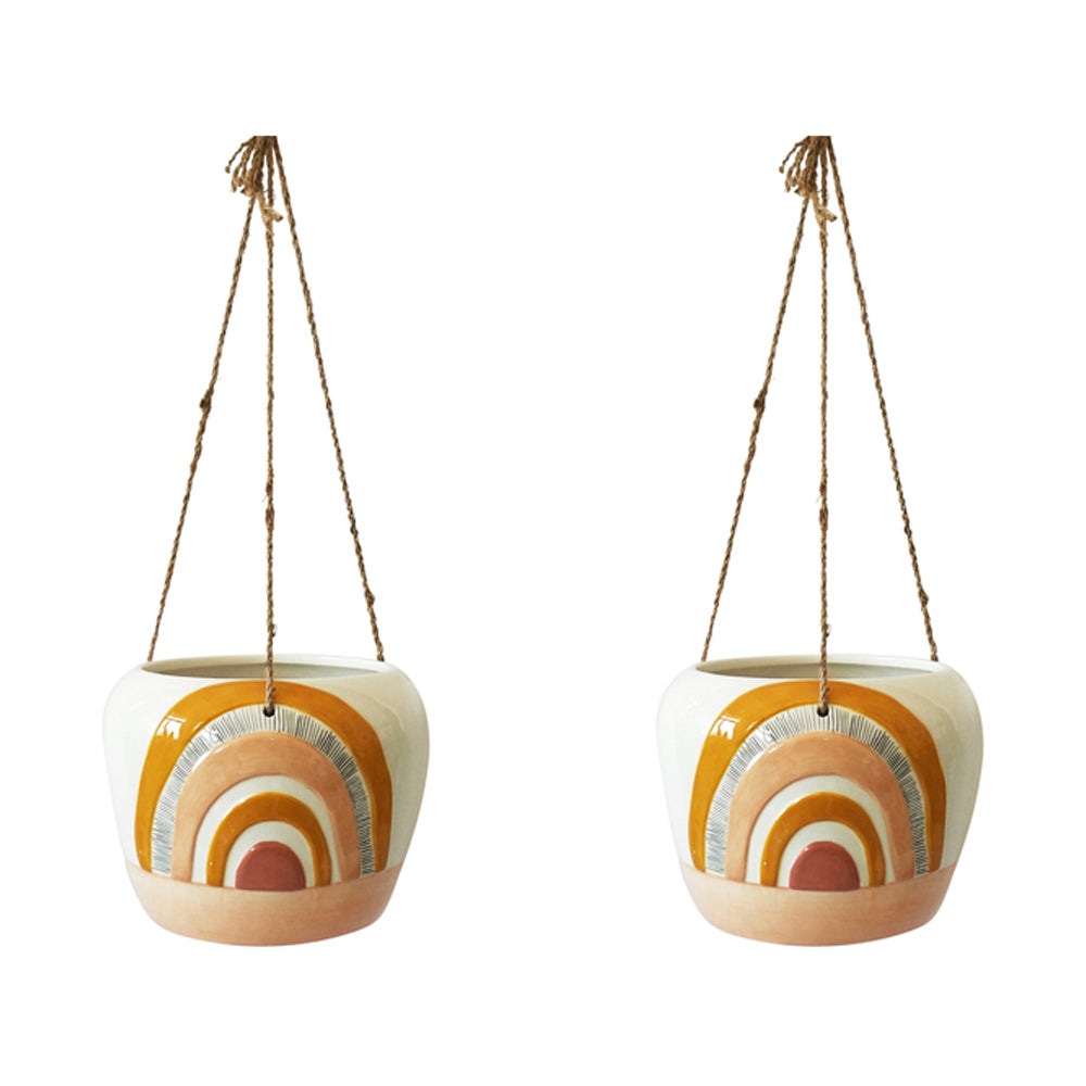 2x Urban Woodstock Rainbow 20cm Ceramic Hanging Planter Large - Mustard/Pink