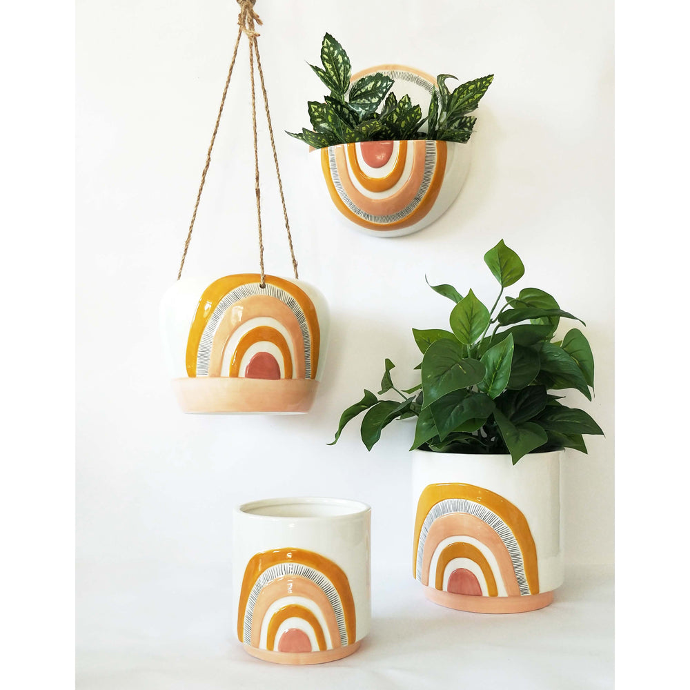 2x Urban Woodstock Rainbow 20cm Ceramic Hanging Planter Large - Mustard/Pink