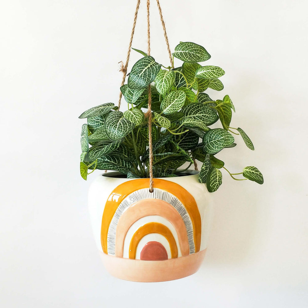 2x Urban Woodstock Rainbow 20cm Ceramic Hanging Planter Large - Mustard/Pink