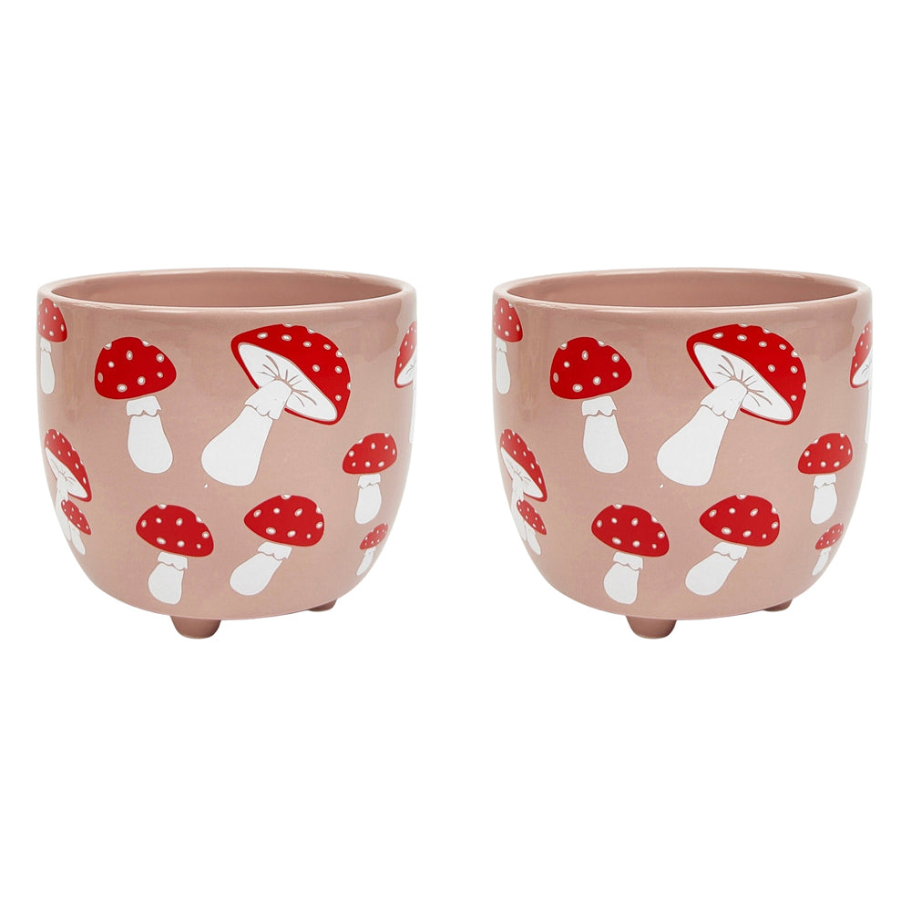 2x Urban 10cm Toadstool Ceramic Planter Garden Plant Pot Small - Pink/Red